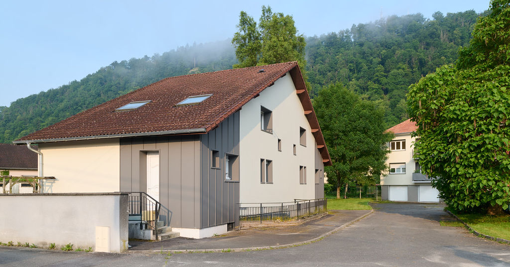 Rénovation de façade avec finitions lisse et joint debout — Maison individuelle à Saint-Hippolyte